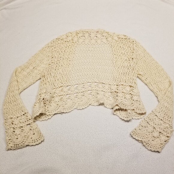 Vintage Beige Crochet Cropped Cardigan Scalloped Hem Flared/Bell Sleeves Bolero - Picture 6 of 13